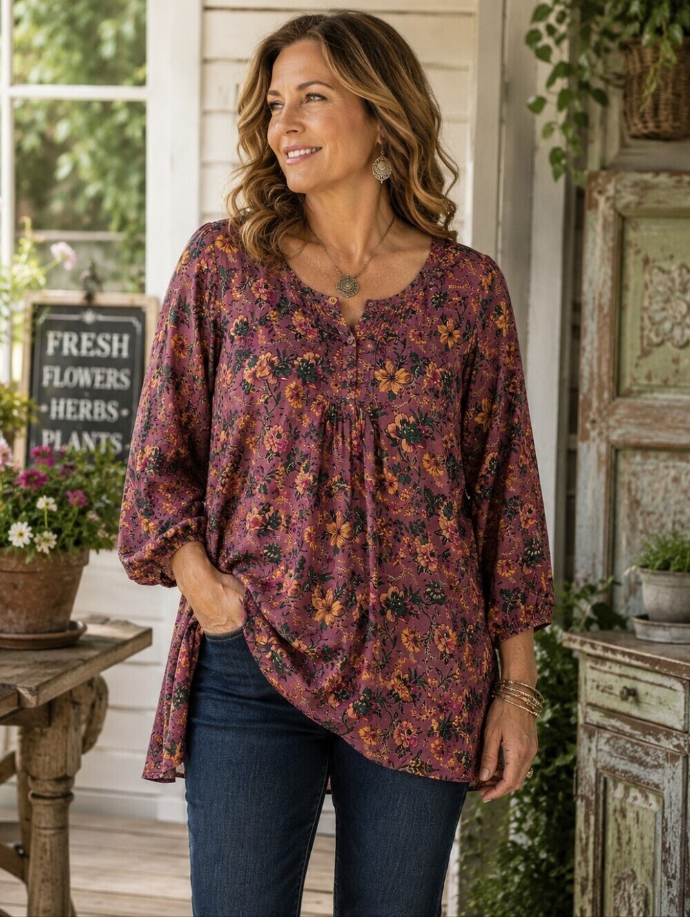 April Cornell Floral Boho Blouse Women’s XL Pink Mauve Button Front Tunic